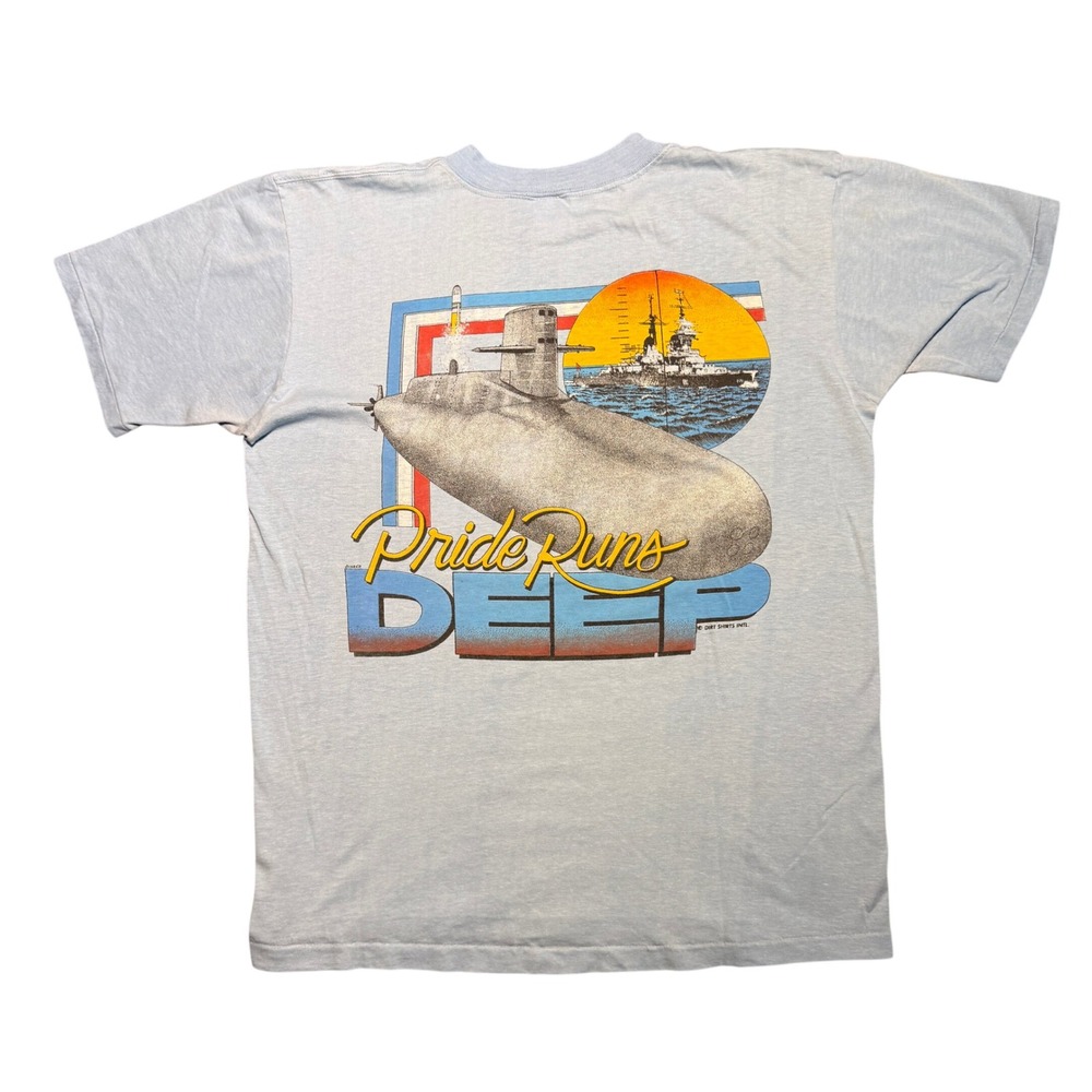 Vintage 1987 US Submarine Service T-Shirt Pride Runs Deep Blue L Single Stitch